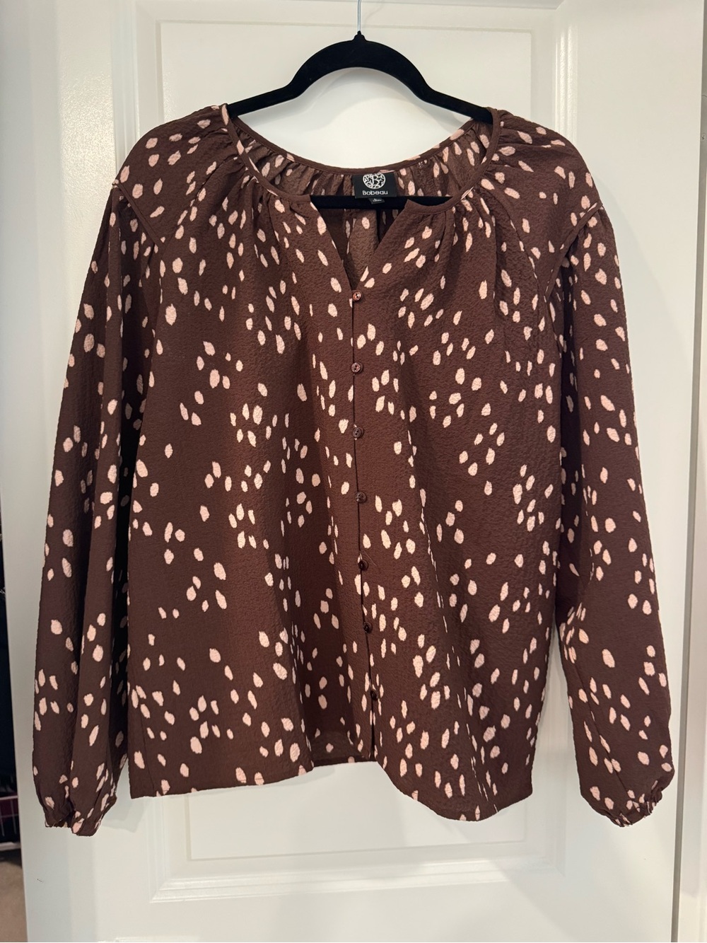 bobeau Brown Blouse with Light Pink Spot Print